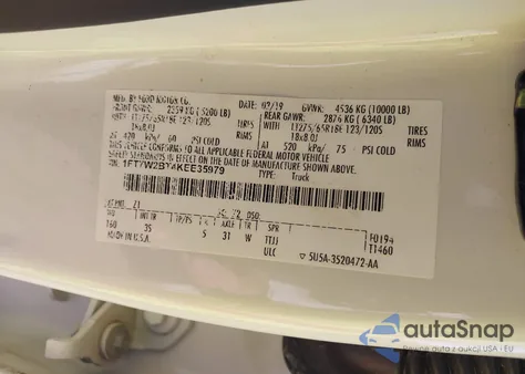 2019 Ford F-250 Xlt из США, поврежденный, VIN 1FT7W2BT4KEE35979